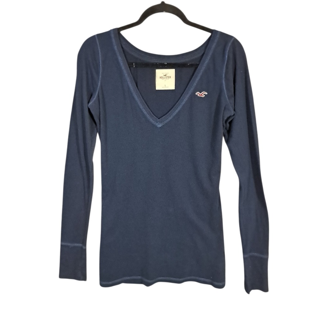 Vtg Y2K Womens Hollister V-Neck Long Sleeve T Shirt Navy Blue Sz L Bella‎ Elena
